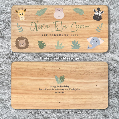 Personalised Children's Wooden Rectangular Stool Jungle Design | New Baby or Christening Gift