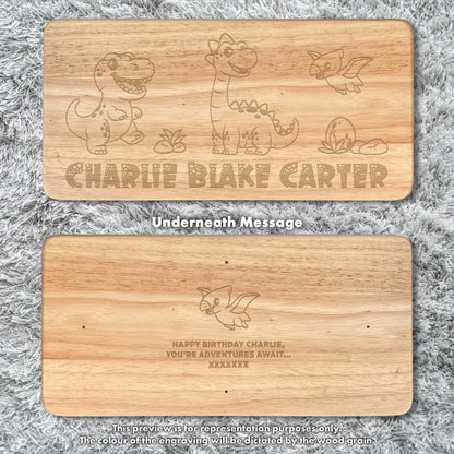 Personalised Engraved Children's Wooden Rectangular Stool Dinosaur Design | New Baby or Christening Gift