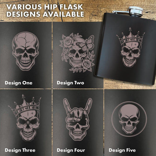 Engraved Skull Black Metal Hip Flask 6oz - 5 Designs | Birthday Gifts For Him, Father's Day