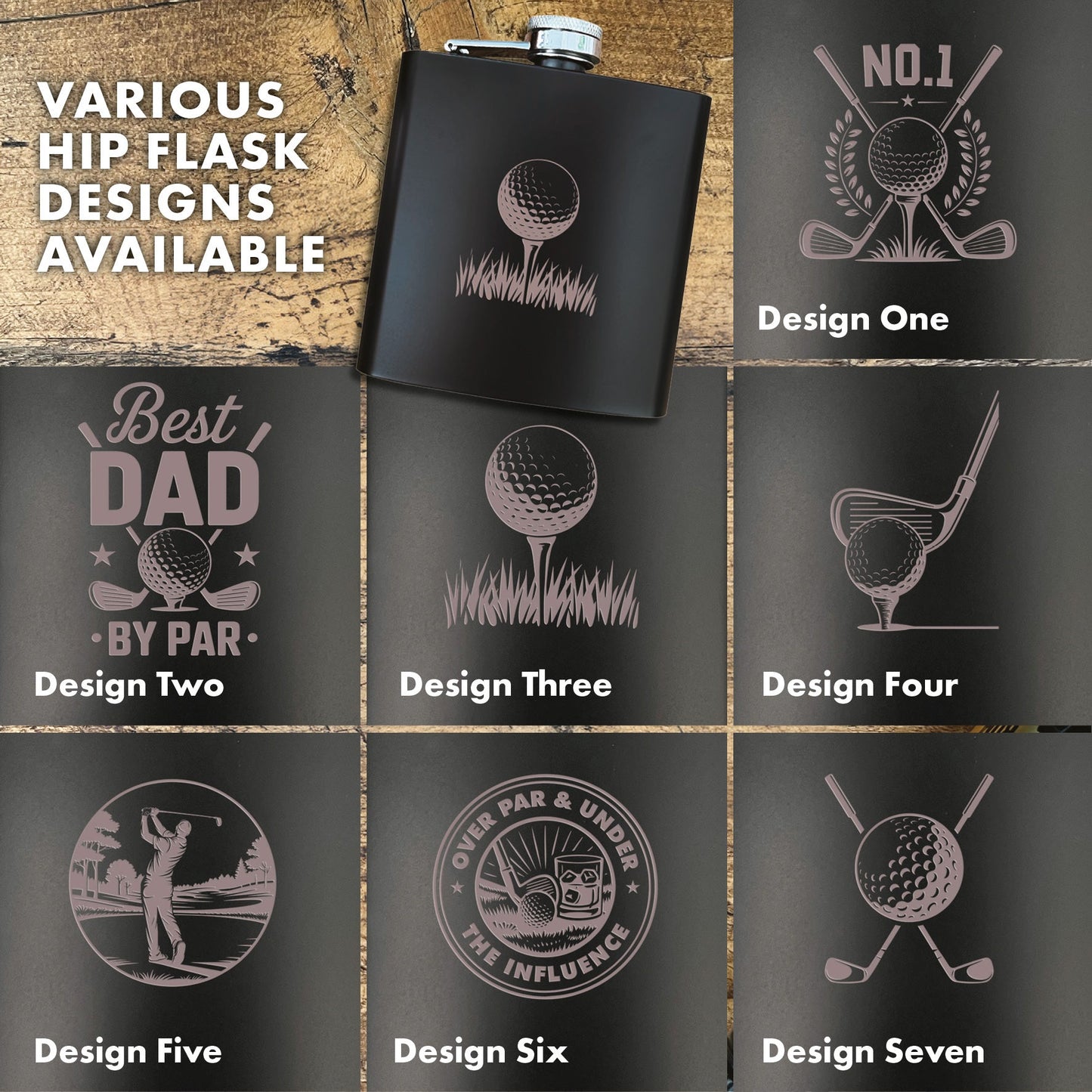 Engraved Golf Black Metal Hip Flask 6oz - 7 Designs | Birthday & Father's Day Gift