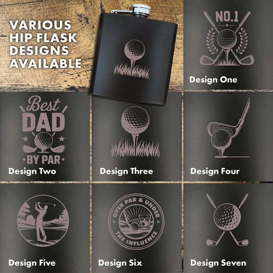Engraved Golf Black Metal Hip Flask 6oz - 7 Designs | Birthday & Father's Day Gift