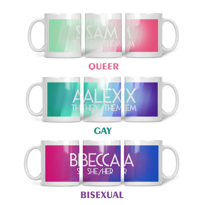 Three 10oz mugs laid out vertically, all showing the full wrap of the personalised LGBTQ+ flags. The first mug shows the Queer flag with the colours: Mint Green, White and Pink. The second mug shows the Gay flag with the colours: Turquoise, White and Blue.  The third mug shows the Bisexual flag with the colours: Pink, Purple and Blue.   All three mugs show the name in the centre, with the pronouns underneath both in white.