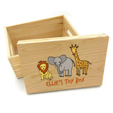 A view of the inside of the personalised wooden toy box, the box is rectangular and has a lift off lid. The box has cut out handles in the side.