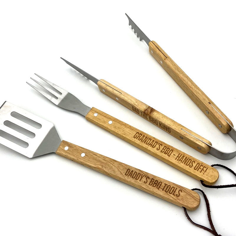Personalised BBQ tools with custom engraved handles in an attractive gift set