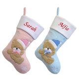 Teddy bear blue or pink Christmas stockings customised with a baby's first name