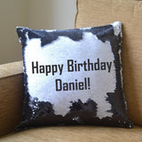Sequin cushion with hidden birthday message