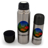 Two personalised metal vacuum flasks with a camping design printed on the front. 