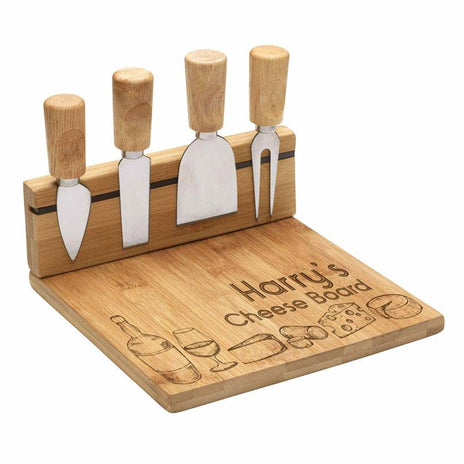 Personalised cheese board with knives held in place by magnetic strip