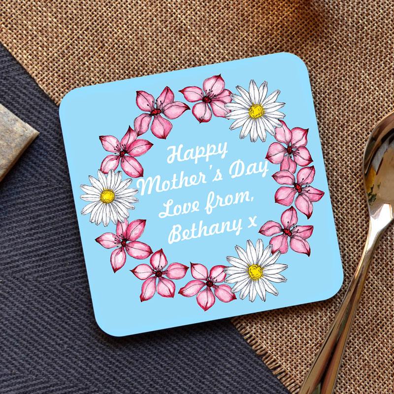 Personalised Square Coaster with Flower Pattern and Any Message Coaster Always Personal 