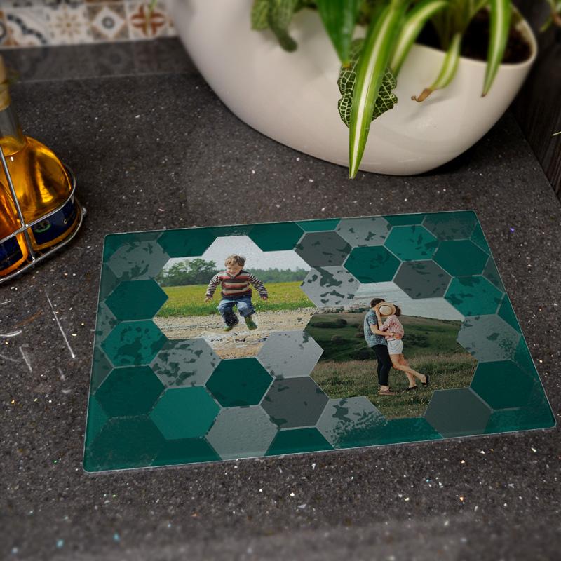 Personalised Hexagon Photo Chopping Board in Teal Chopping Board Always Personal 