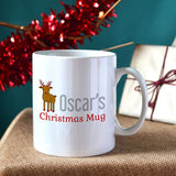 A personalised Christmas mug with a Reindeer design and custom name