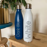 White and blue bowling pin water bottles
