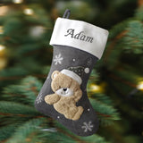 Dark Silver Knitted Personalised Baby Teddy Embroidered Christmas Stocking