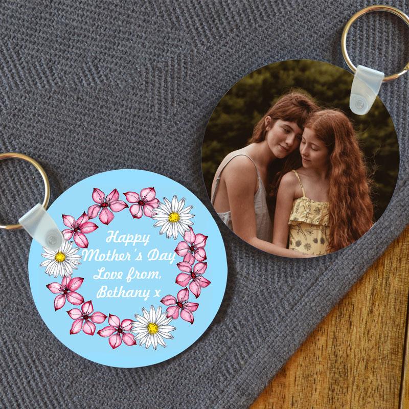 Personalised Double Sided Plastic Keyring with Flowers and Photo Keyrings Always Personal 