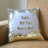 Sequin reveal cushion with marriage proposal message