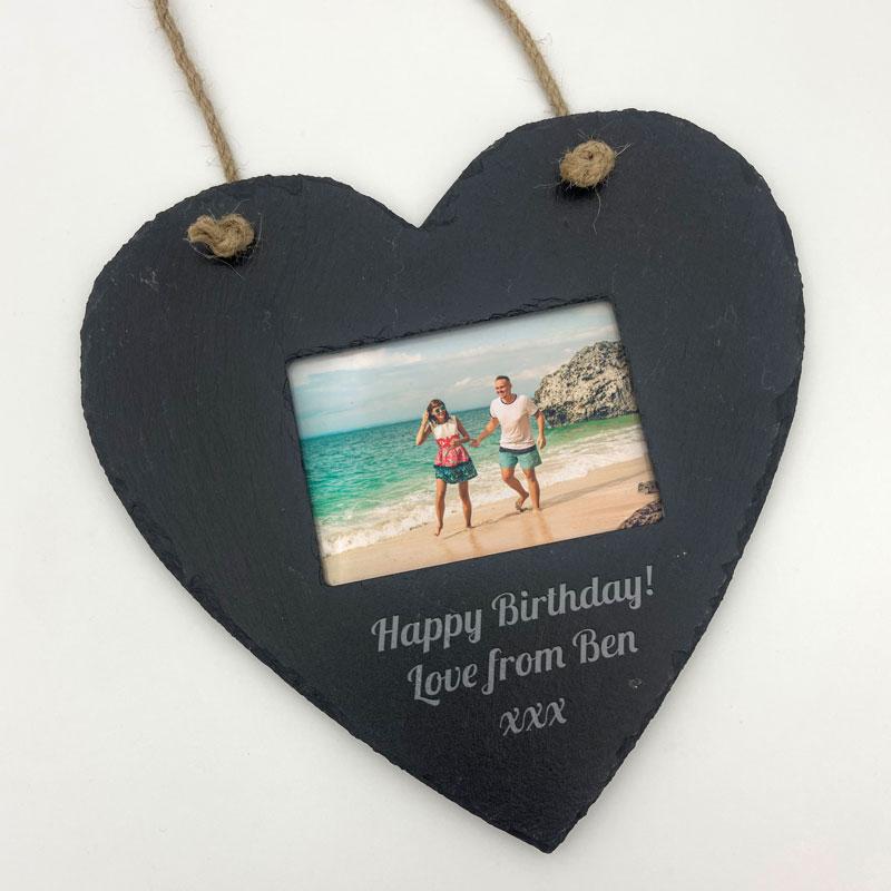 Personalised Heart Photo Frame Slate Rope Hanger Engraved Message Photo Frame Always Personal 