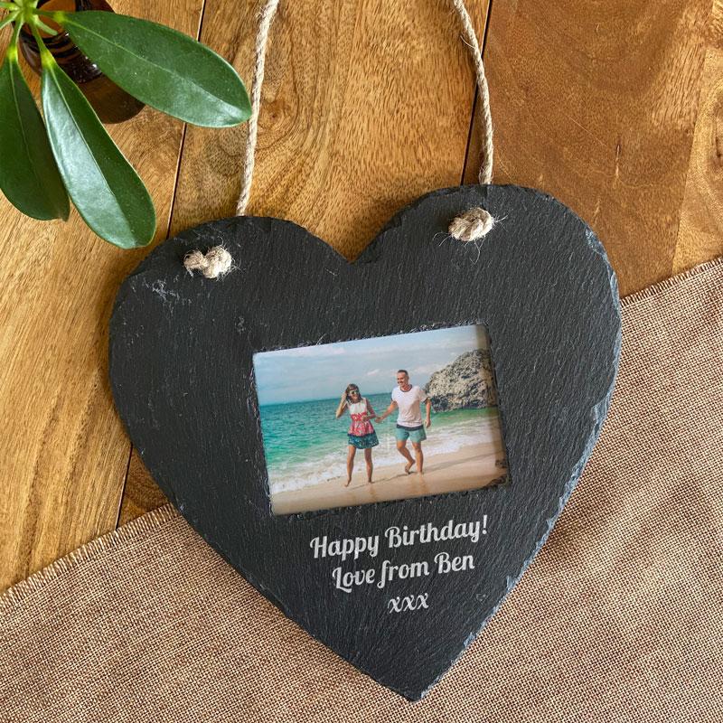 Personalised Heart Photo Frame Slate Rope Hanger Engraved Message Photo Frame Always Personal 