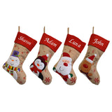 Personalised Red Top Hessian Embroidered Luxury Christmas Stockings with Penguin Reindeer Snowman or Santa