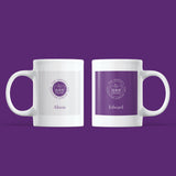  Two personalised jubilee mugs, one with the platinum jubilee emblem on a purple background and one on a grey background.