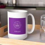 A personalised large jubilee mug in white with the official emblem for the Queen's Platinum Jubilee 2022 printed on the front in purple.