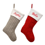 Red or silver personalised knitted Christmas stockings custom embroidered with any name