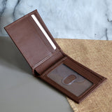 The inside of the brown leather wallet showing 5 card slots and an ID slot.