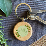 Personalised Wooden Circle Keyring Leaf Pattern Name and Message