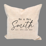 Personalised Wedding Cushion Cream Linen Anniversary Date Mr and Mrs