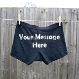 Personalised navy boxer shorts with white message