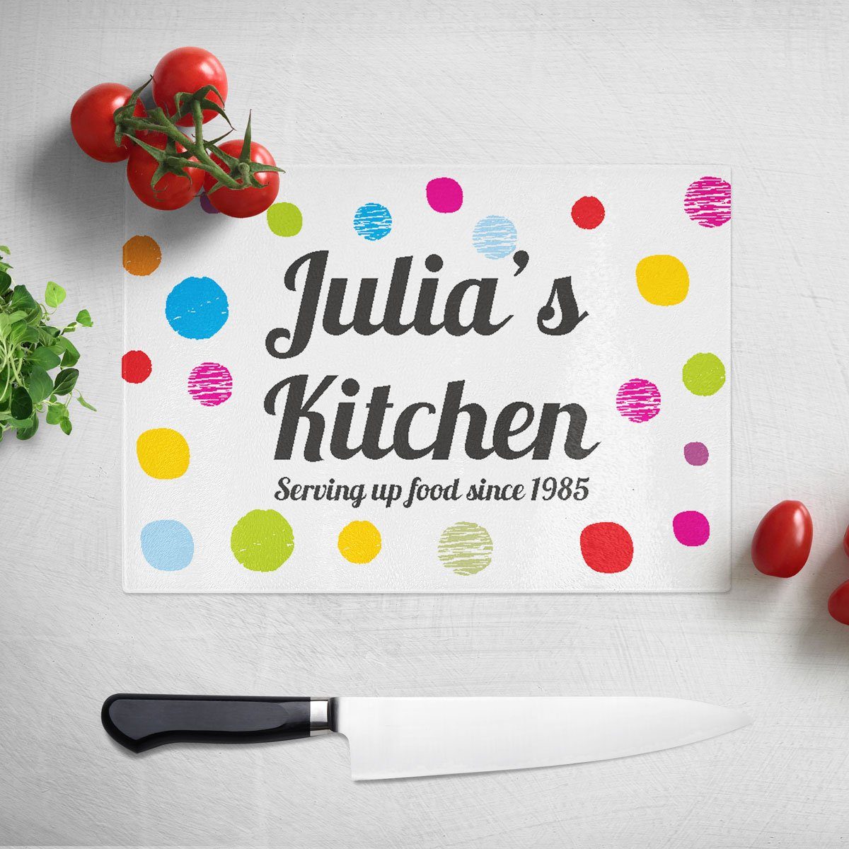 Personalised Message Spotty Glass Chopping Board Chopping Board Always Personal 
