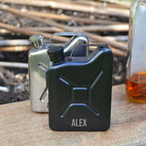 Personalised jerry cans, one silver and the other black with the name "Alex" engraved in bold text..