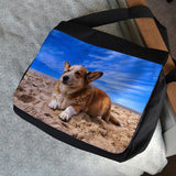 Close up of black messenger bag with custom photo