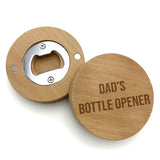Two personalised wooden bottle openers, they are circle shaped with the bottle opener on the back and and engraved message on the front.