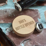 A personalised round wooden bottle opener with a magnet on the back