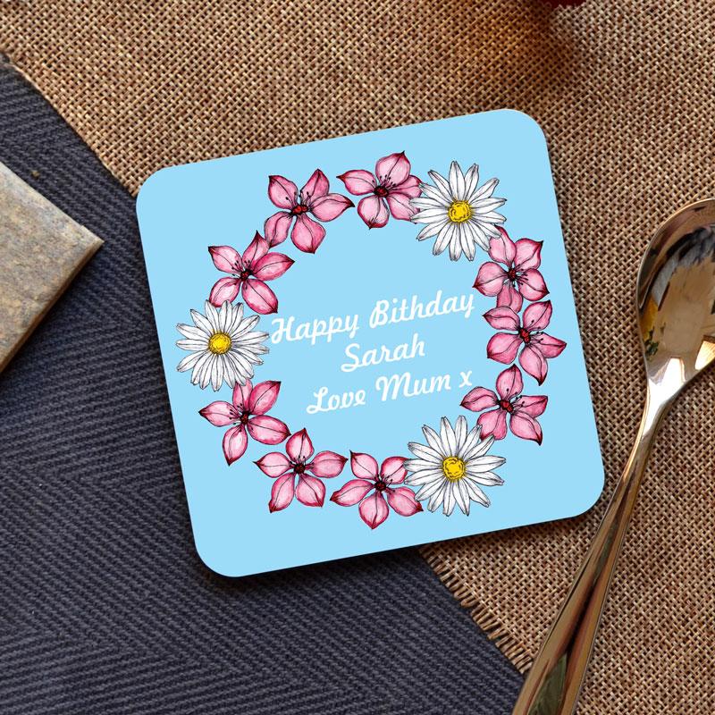 Personalised Square Coaster with Flower Pattern and Any Message Coaster Always Personal 