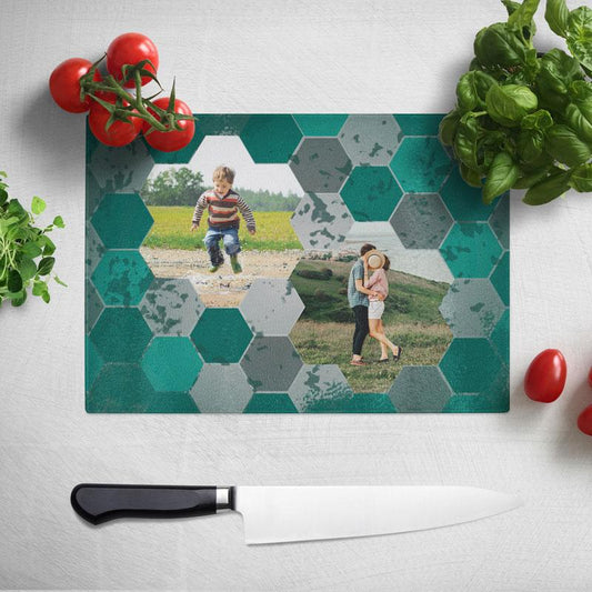 Personalised Hexagon Photo Chopping Board in Teal Chopping Board Always Personal 