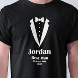 Personalised Stag Do T-Shirt Tops Tuxedo Style Design with Location, Name, Role & Date