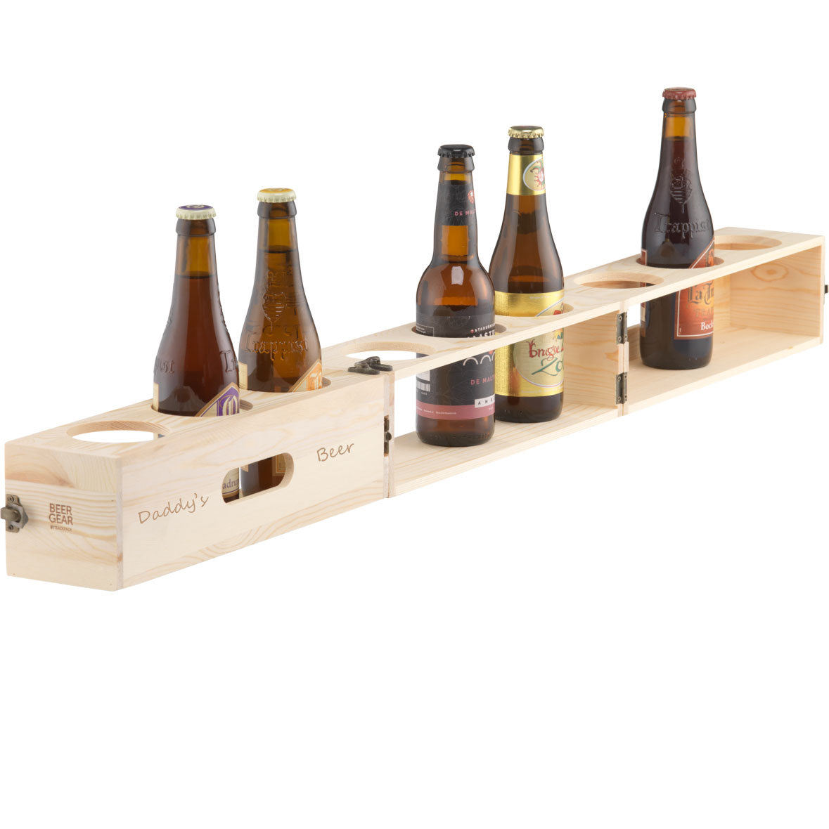 Personalised Morphing Multi Use Beer Carrier Pine Wood FSC Approved
