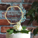 Personalised Wedding Cake Topper Clear Acrylic Hexagon Sage Green Leaves