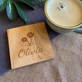 Personalised Solid Oak Wooden Coaster Flower Icon Coaster Always Personal 