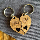 Couple's Heart Shaped Wooden Keyring Personalised Pair with Names Always Personal 