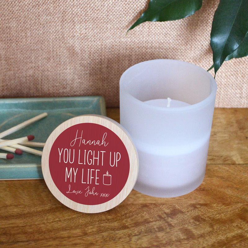 A personalised Valentine's Day candle with the message 