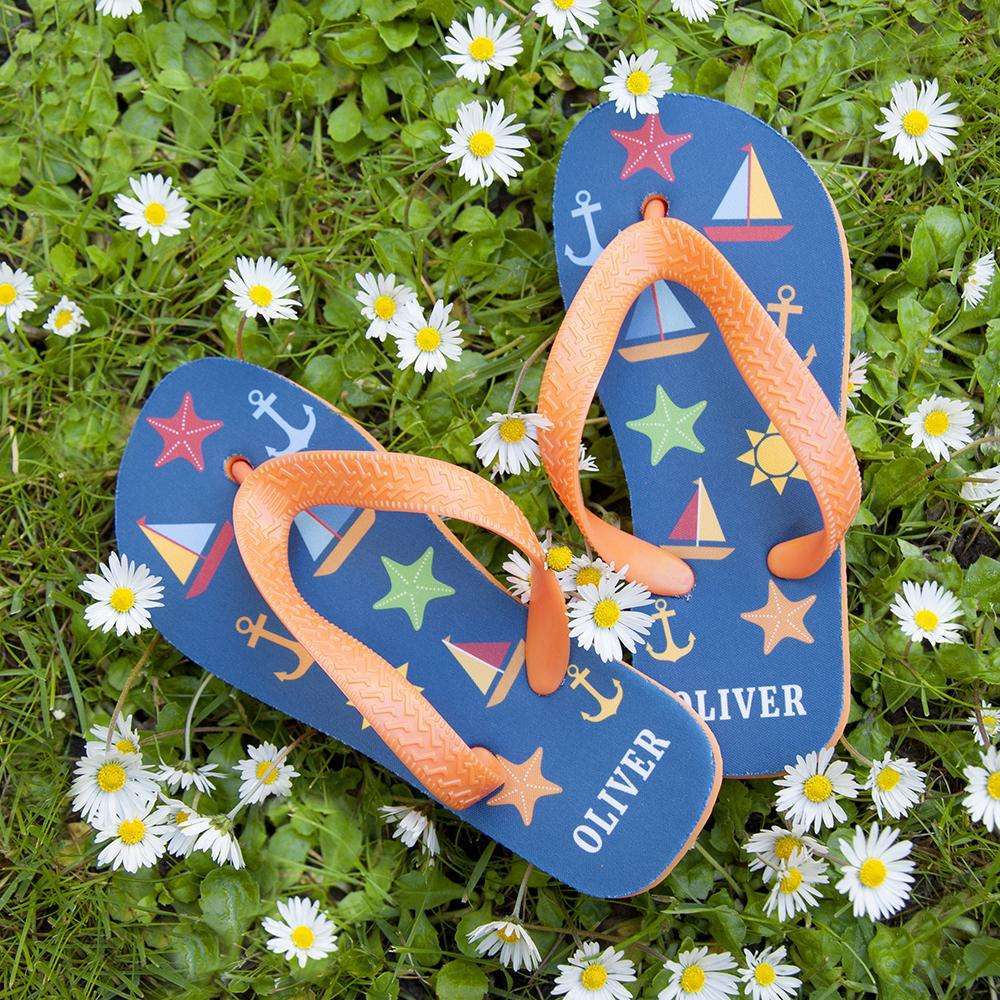 All The Fun At The Beach Child's Personalised Flip Flops In Navy Footwear Treat 