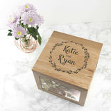Couple's Oak Photo Keepsake Box With Wreath Design Box Treat 
