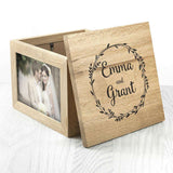 Couple's Oak Photo Keepsake Box With Wreath Design Box Treat 
