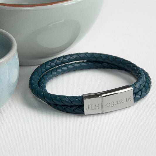 Personalised Men's Dual Leather Woven Bracelet in Teal Accessories Treat 