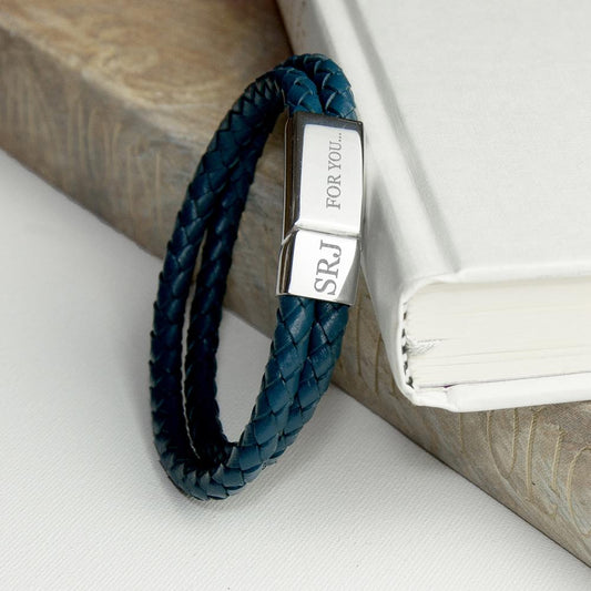 Personalised Men's Dual Leather Woven Bracelet in Teal Accessories Treat 