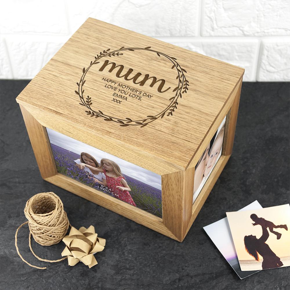 Personalised Wreath Mother's Day Midi Oak Photo Cube Keepsake Box Box Treat 