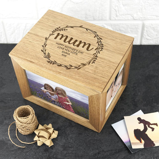 Personalised Wreath Mother's Day Midi Oak Photo Cube Keepsake Box Box Treat 