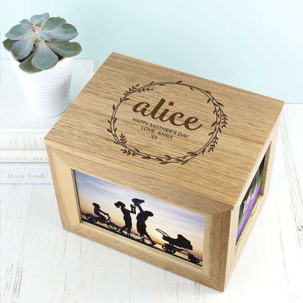 Personalised Wreath Mother's Day Midi Oak Photo Cube Keepsake Box Box Treat 